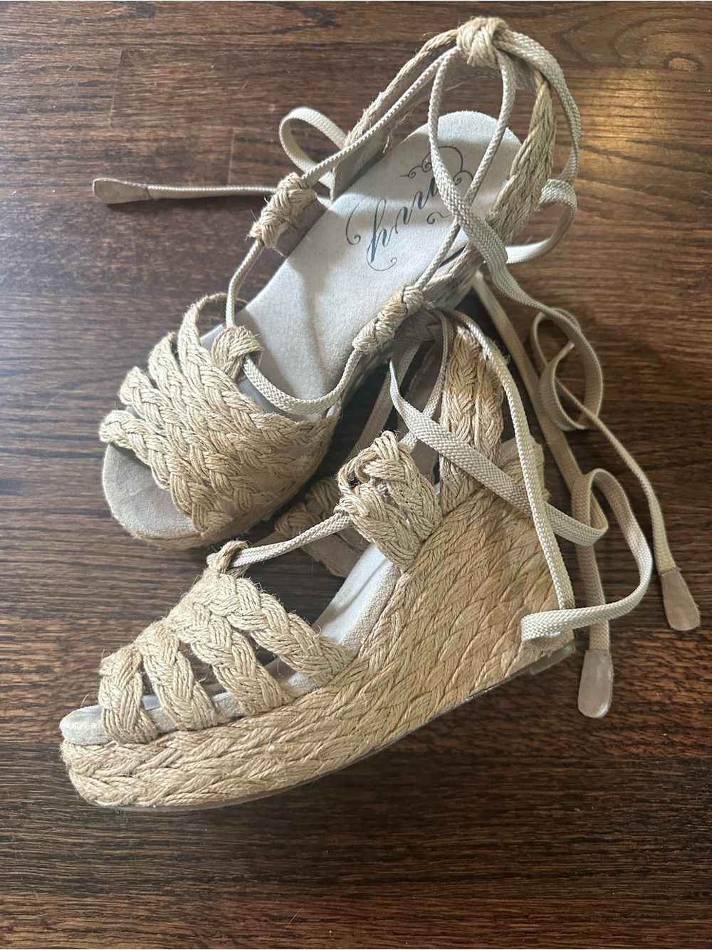 Envy Beige Braided Espadrille Wedge Sandals with Ankle Tie 6.5
